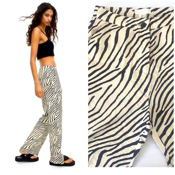 H&M Women’s Zebra Trouser Pants Flare Legs Size 4 NWT Lightweight, Unique - Picture 1 of 8